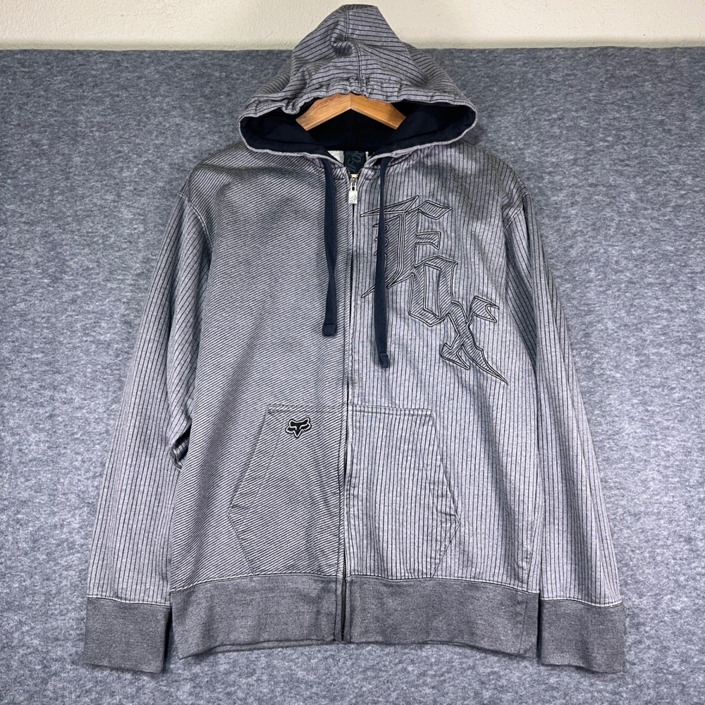Fox Racing Full Zip Hoodie Mens Large Grey Excellent Pinstripe Embroidered Logo